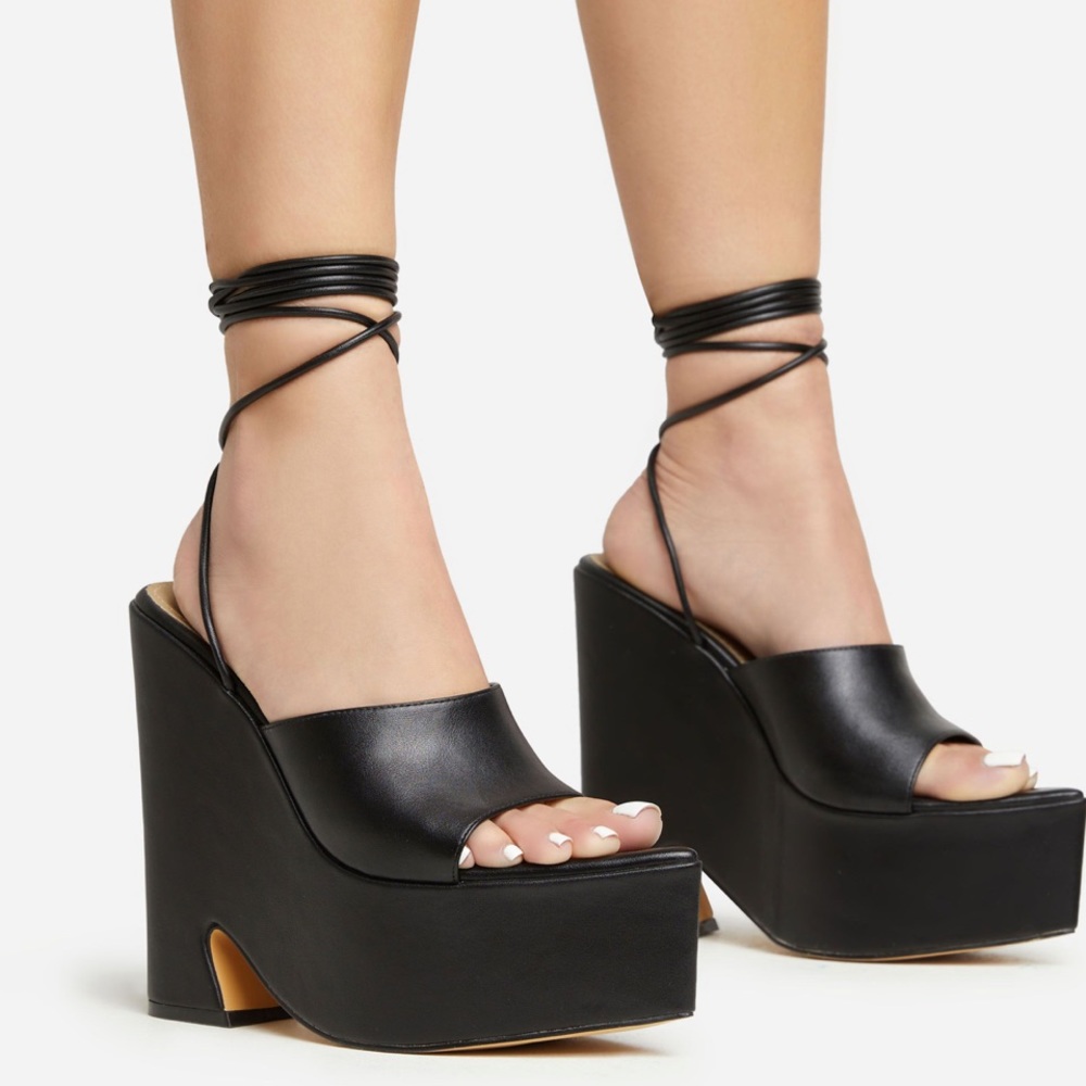 LACE UP POINTED PEEP TOE PLATFORM WEDGE HEEL